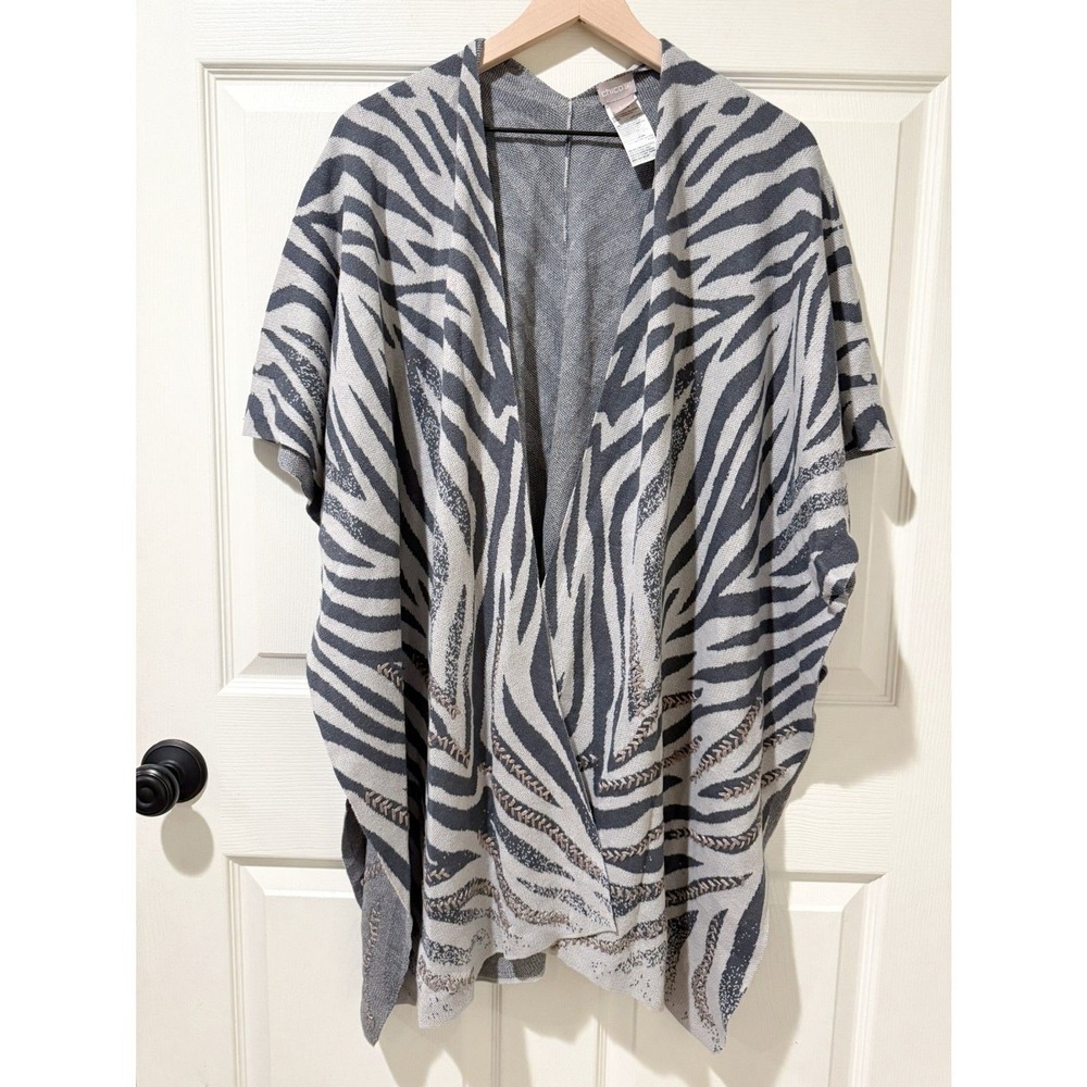Chicos Ruana Poncho Wrap S/M Zebra Gray Open Sweater Shawl Animal Print